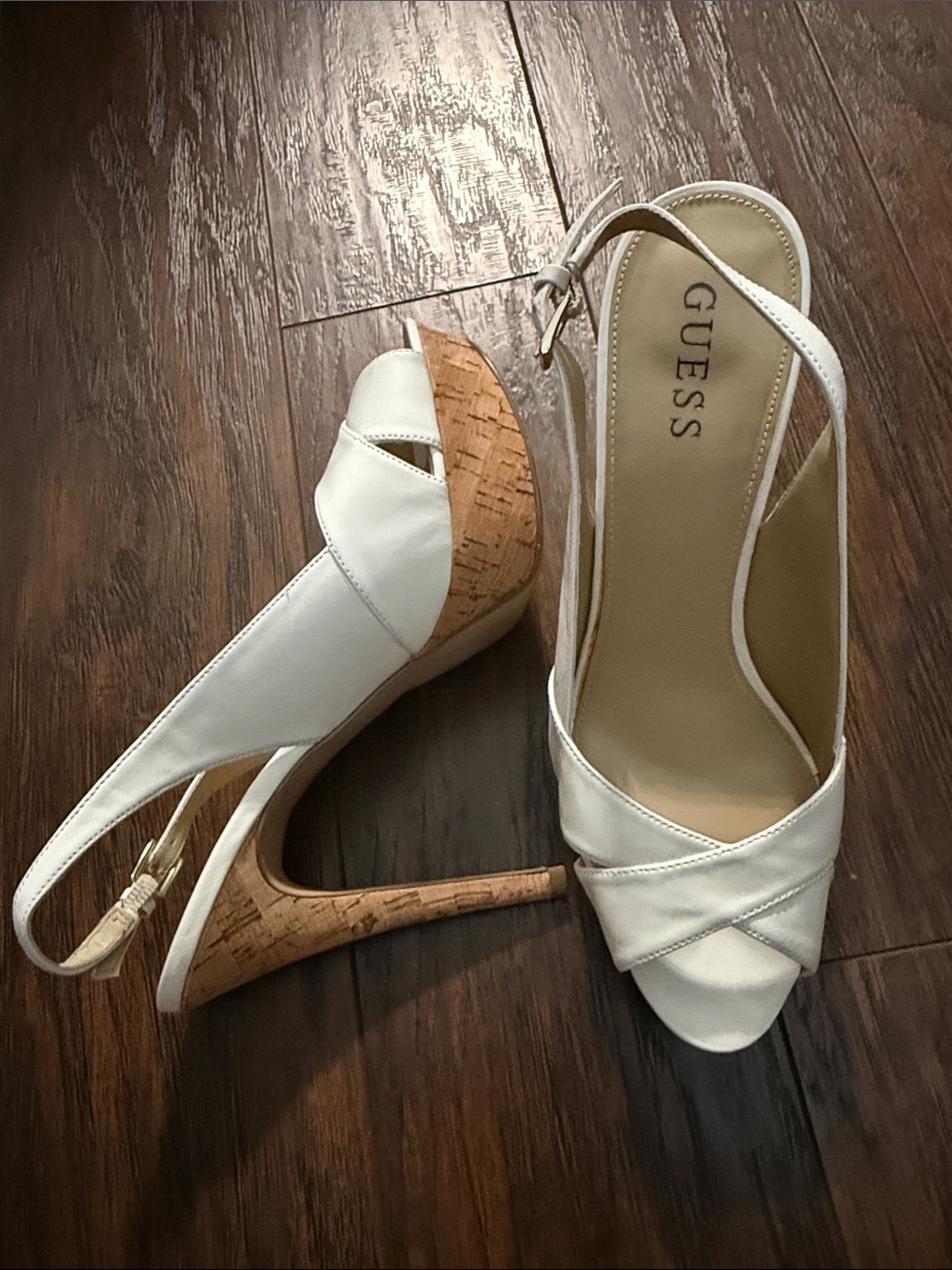 GUESS White Cork Wedge Slingback Heels